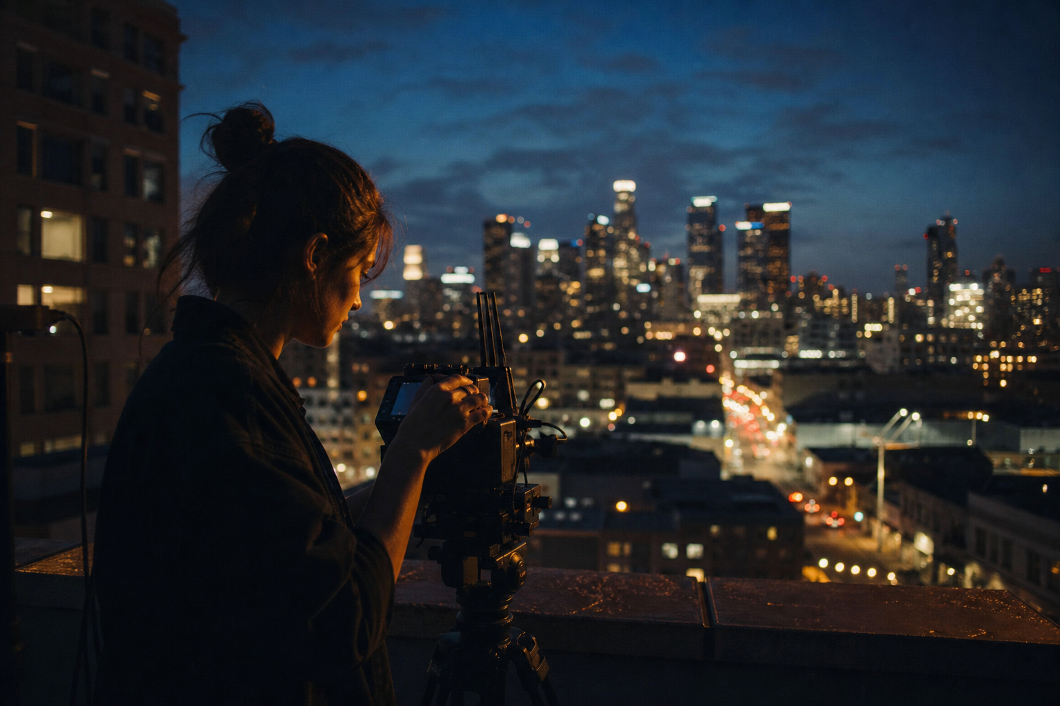 A cinematographer filming the Los Angeles skyline at night