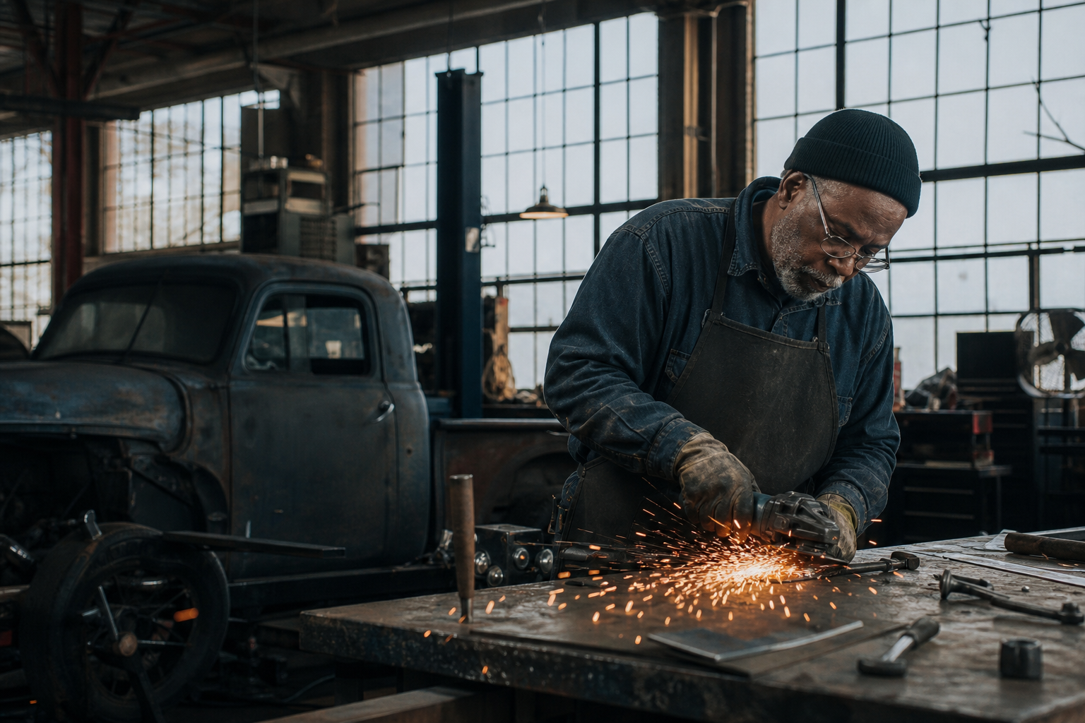 A mechanic restoring a vintage truck in a Detroit workshop
