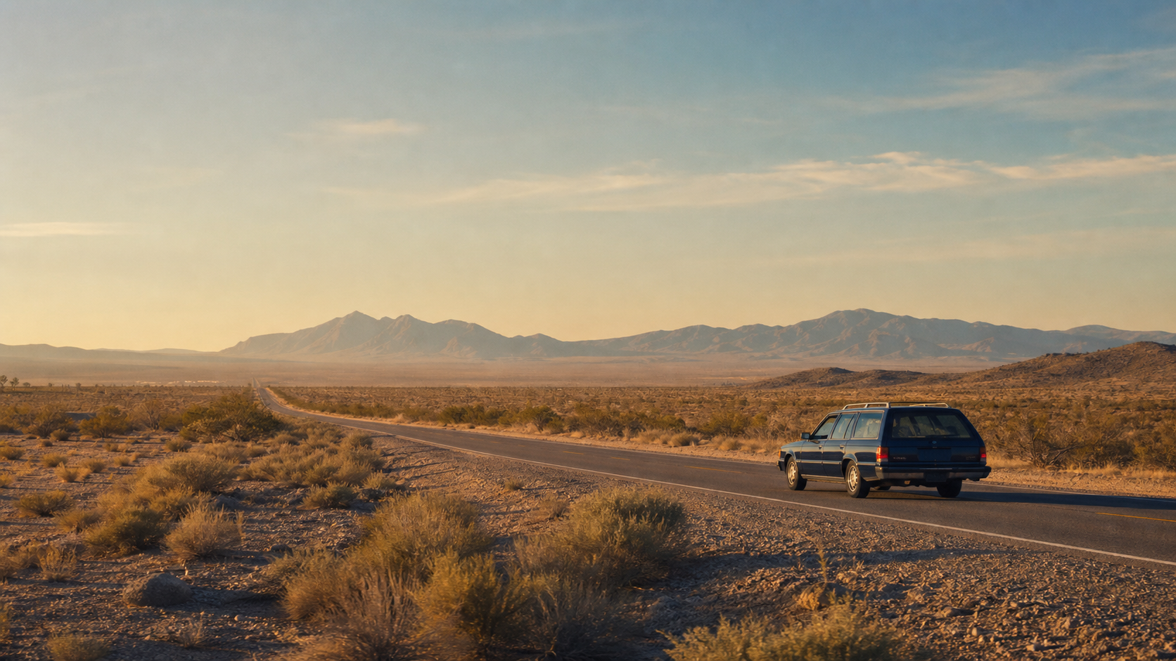 A station wagon crossing the Mojave Desert at golden hour